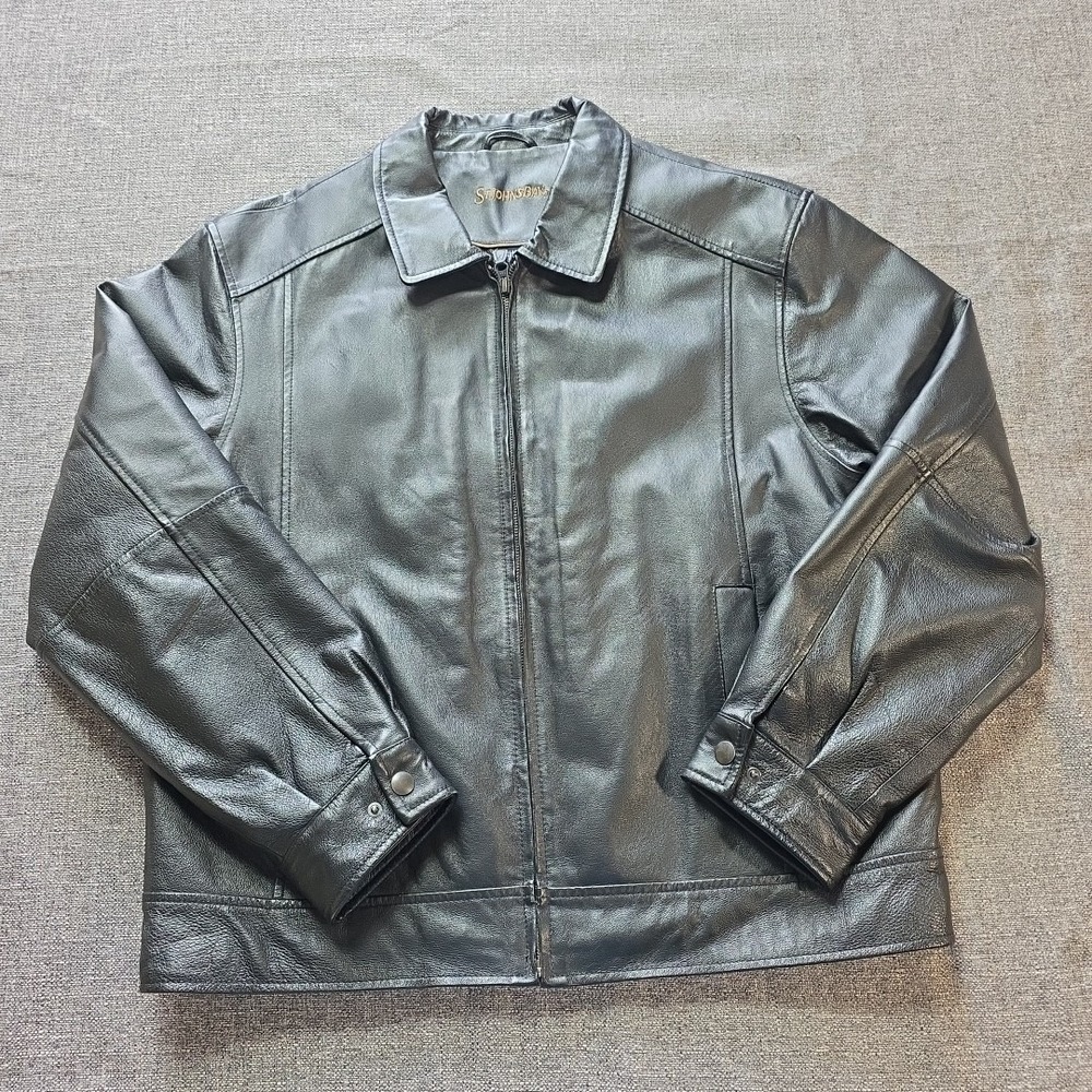 St. John's Bay Black 100% Leather Jacket Coat w/ inside pockets - Men's Size XL